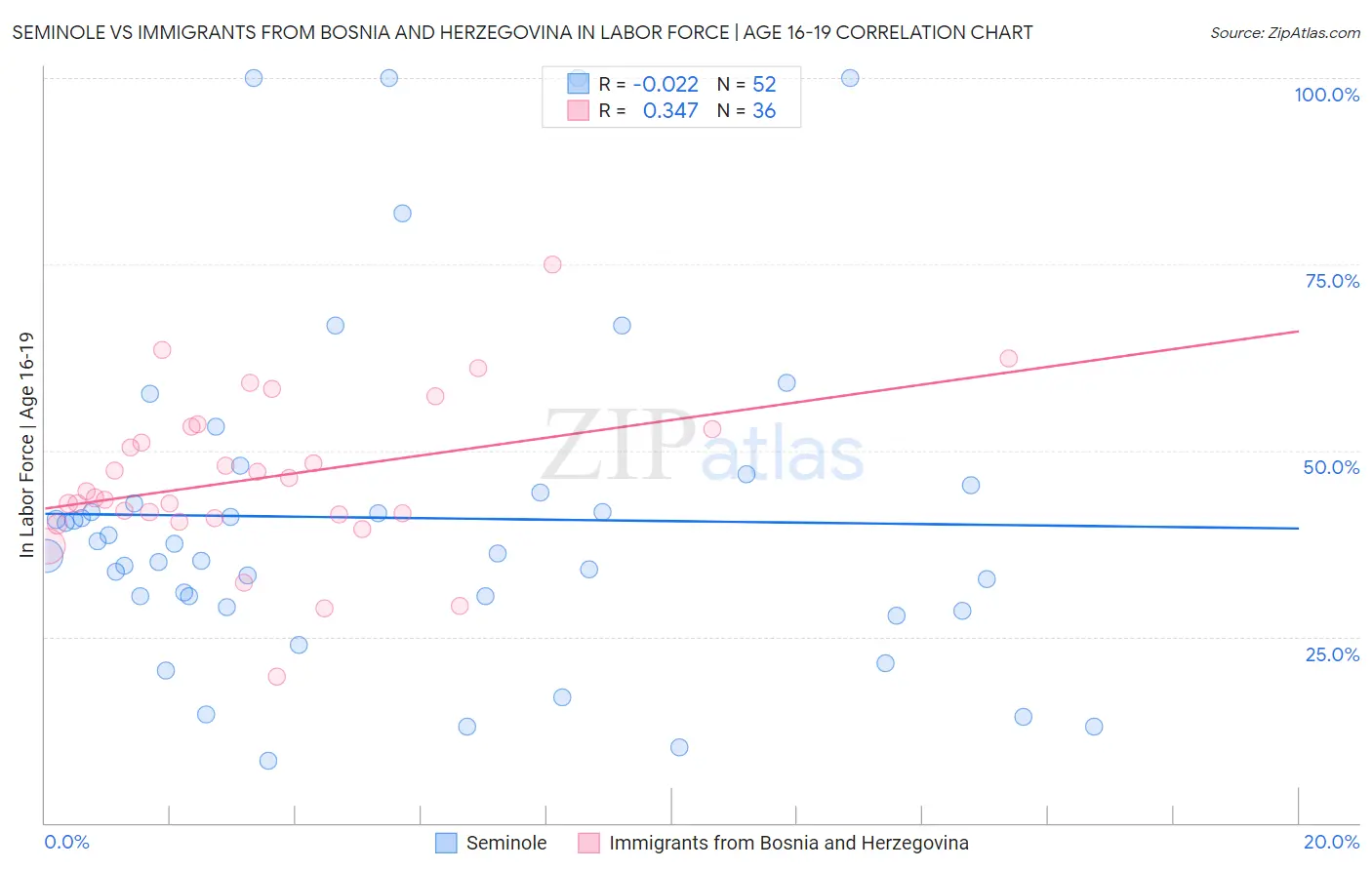 Seminole vs Immigrants from Bosnia and Herzegovina In Labor Force | Age 16-19