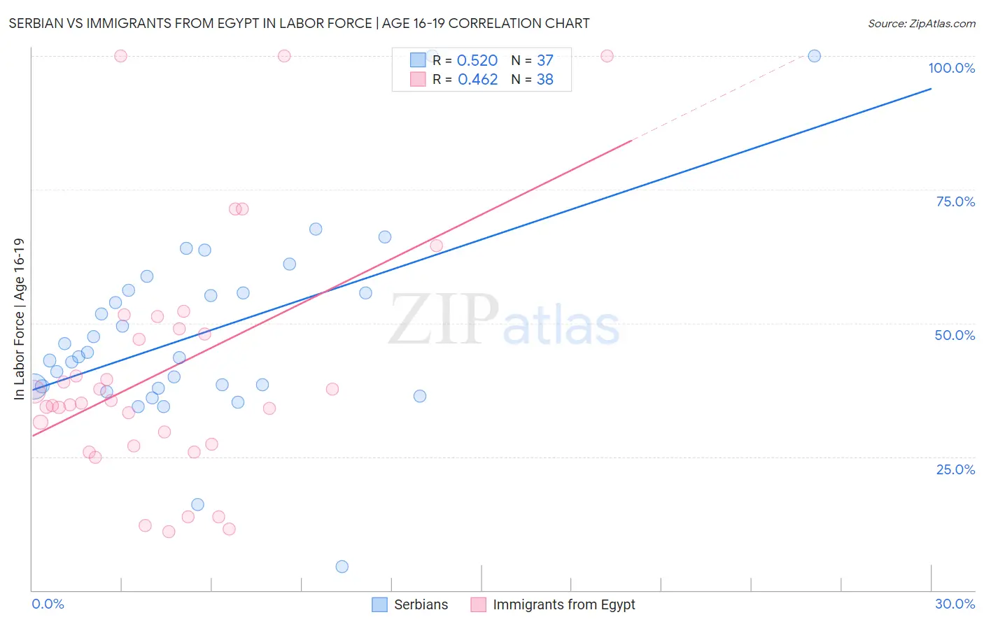 Serbian vs Immigrants from Egypt In Labor Force | Age 16-19