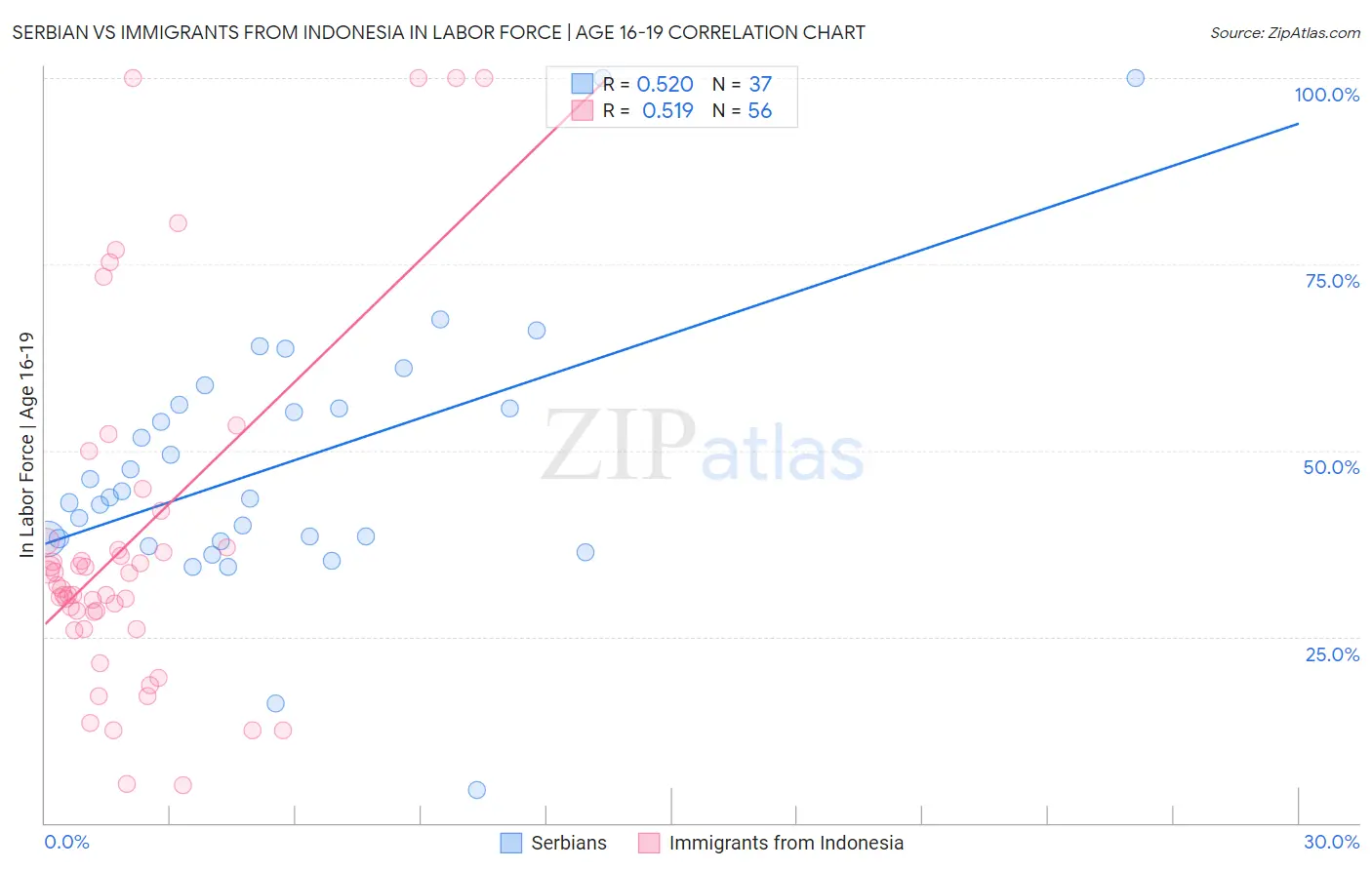 Serbian vs Immigrants from Indonesia In Labor Force | Age 16-19