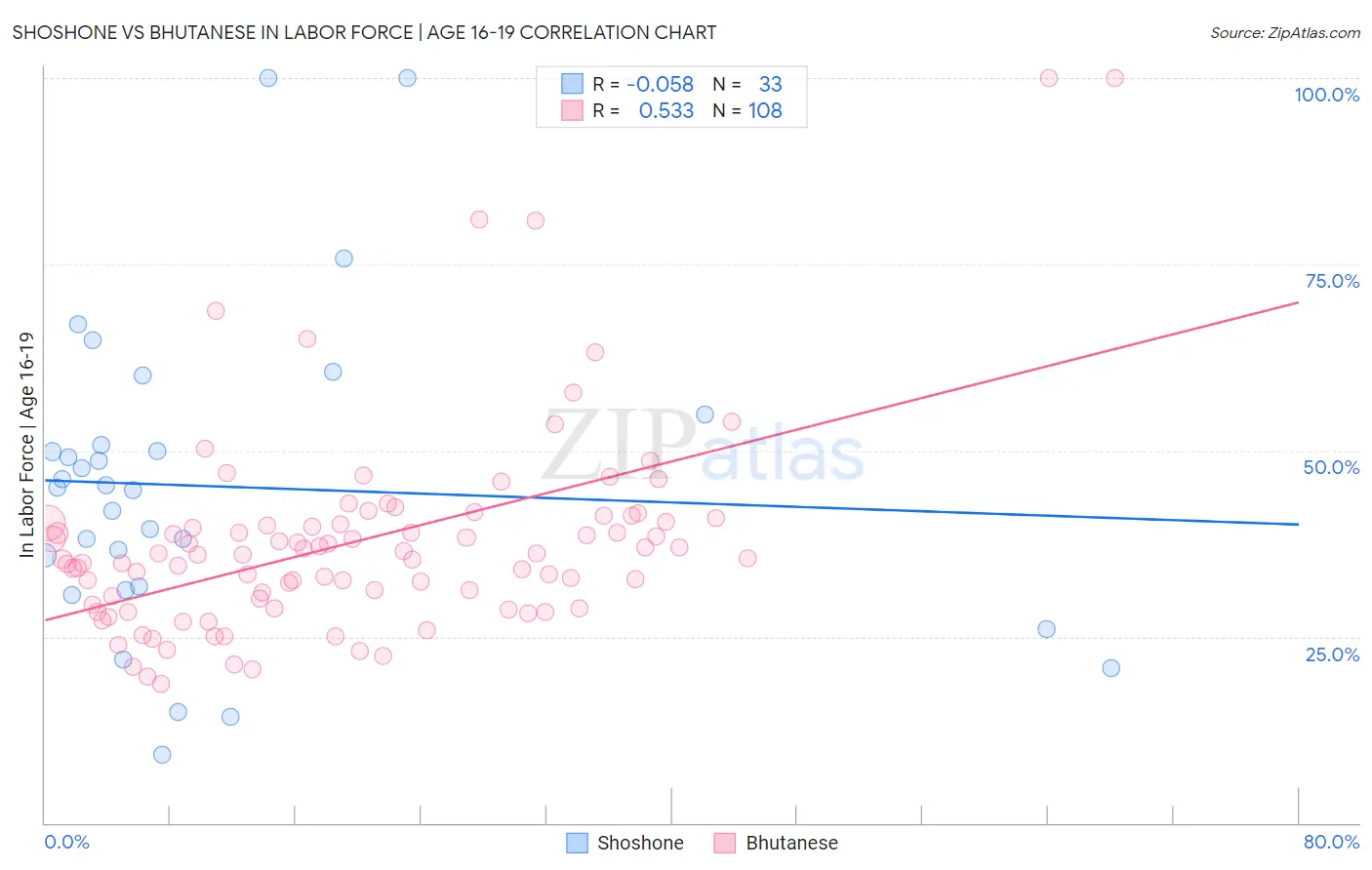 Shoshone vs Bhutanese In Labor Force | Age 16-19