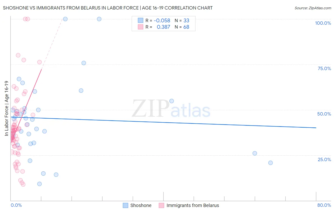 Shoshone vs Immigrants from Belarus In Labor Force | Age 16-19