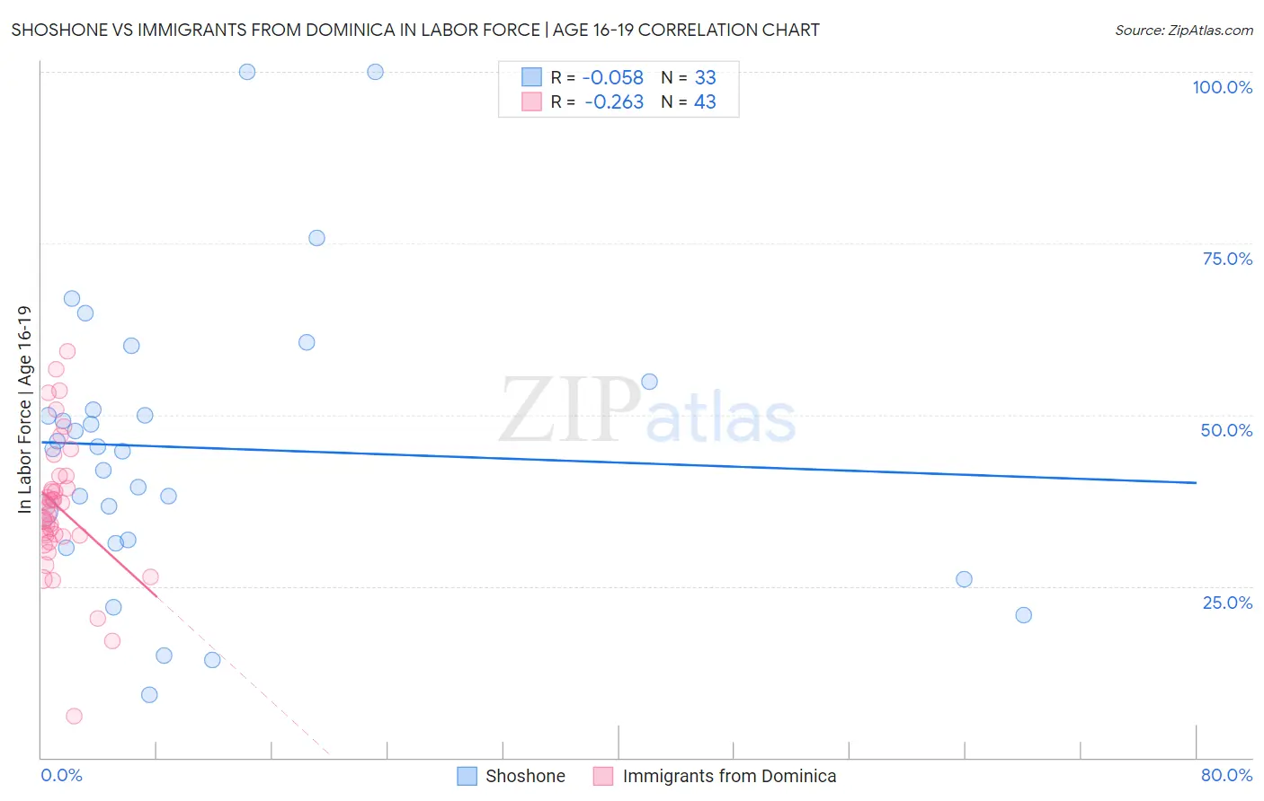 Shoshone vs Immigrants from Dominica In Labor Force | Age 16-19