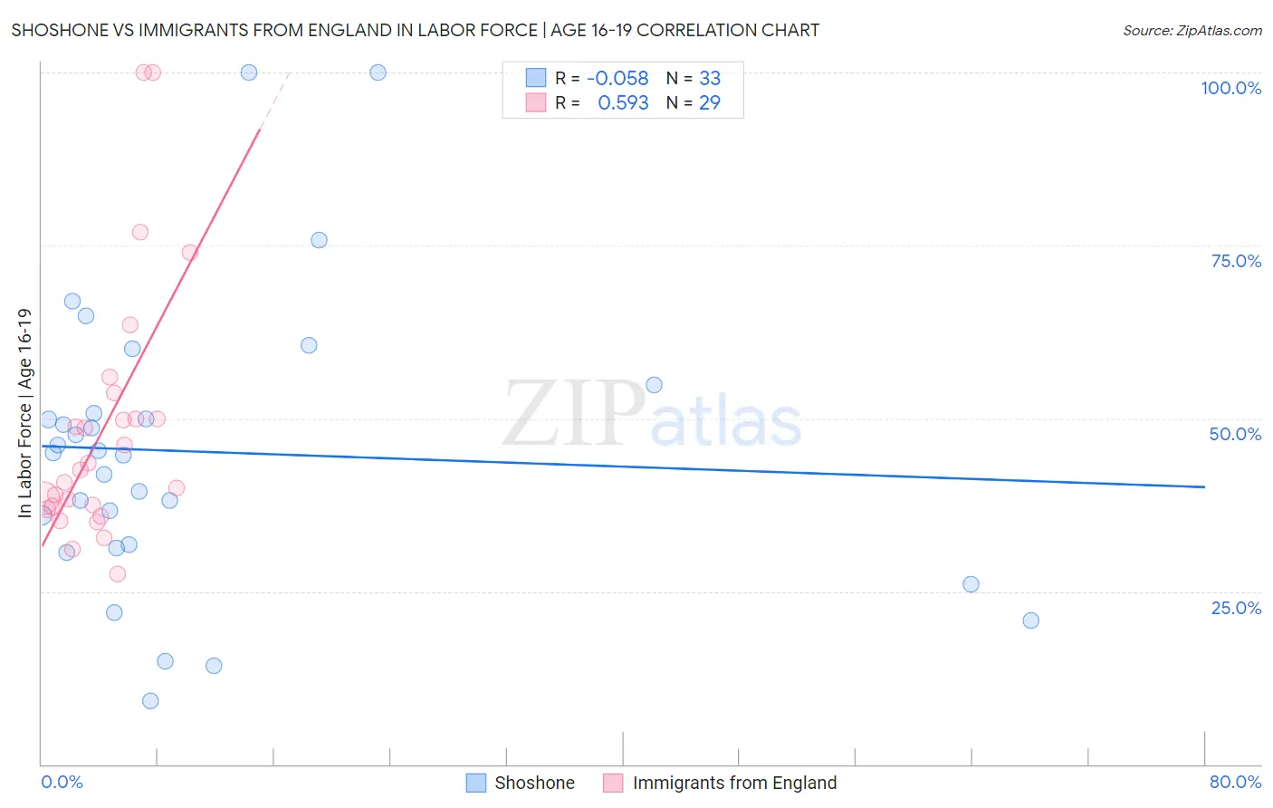 Shoshone vs Immigrants from England In Labor Force | Age 16-19