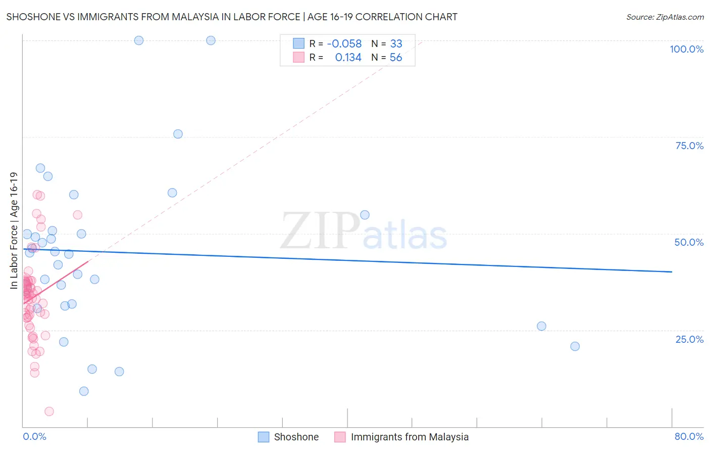 Shoshone vs Immigrants from Malaysia In Labor Force | Age 16-19