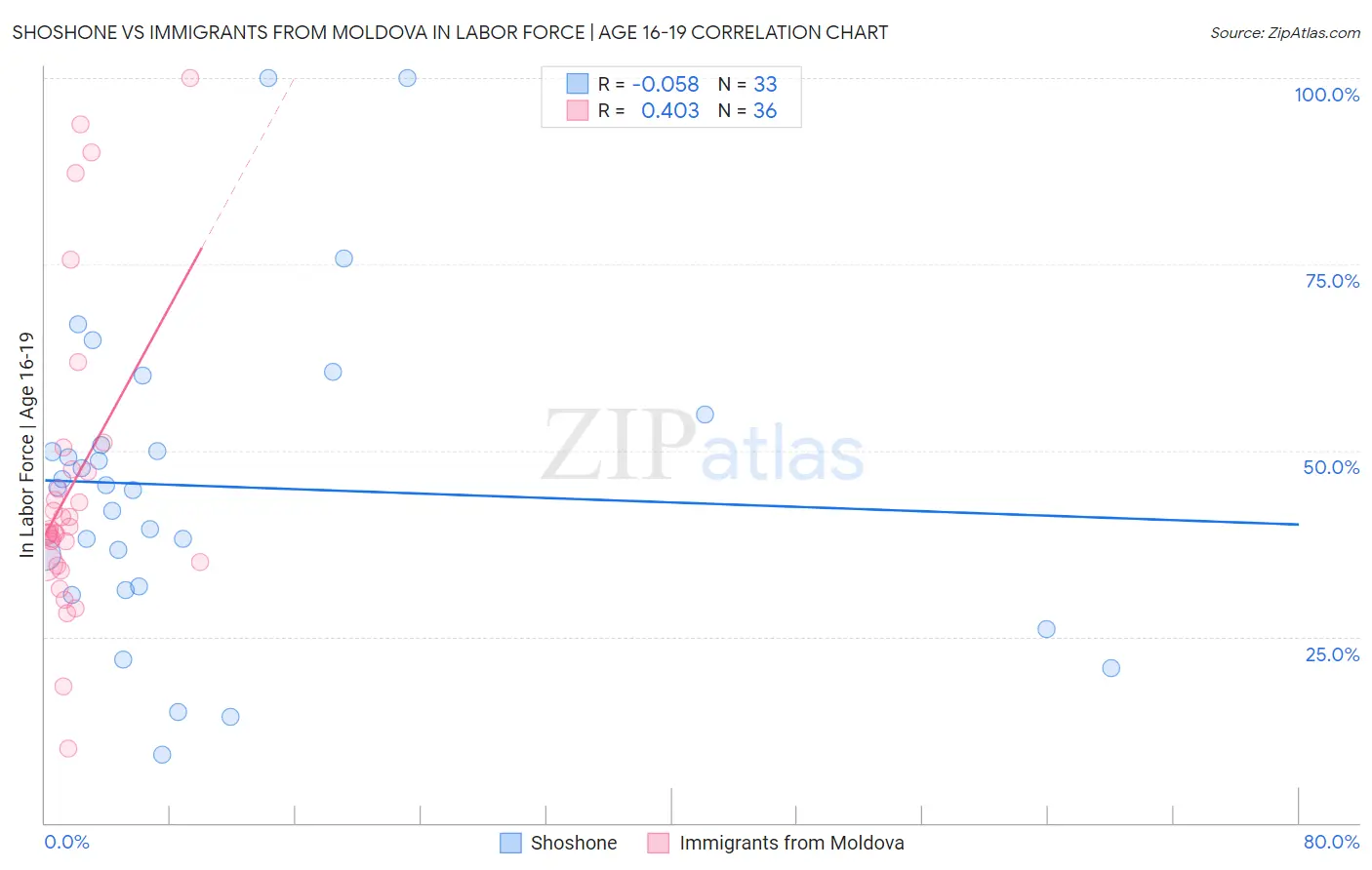 Shoshone vs Immigrants from Moldova In Labor Force | Age 16-19