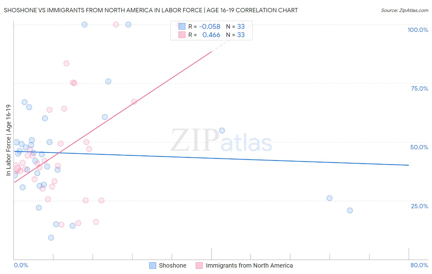 Shoshone vs Immigrants from North America In Labor Force | Age 16-19