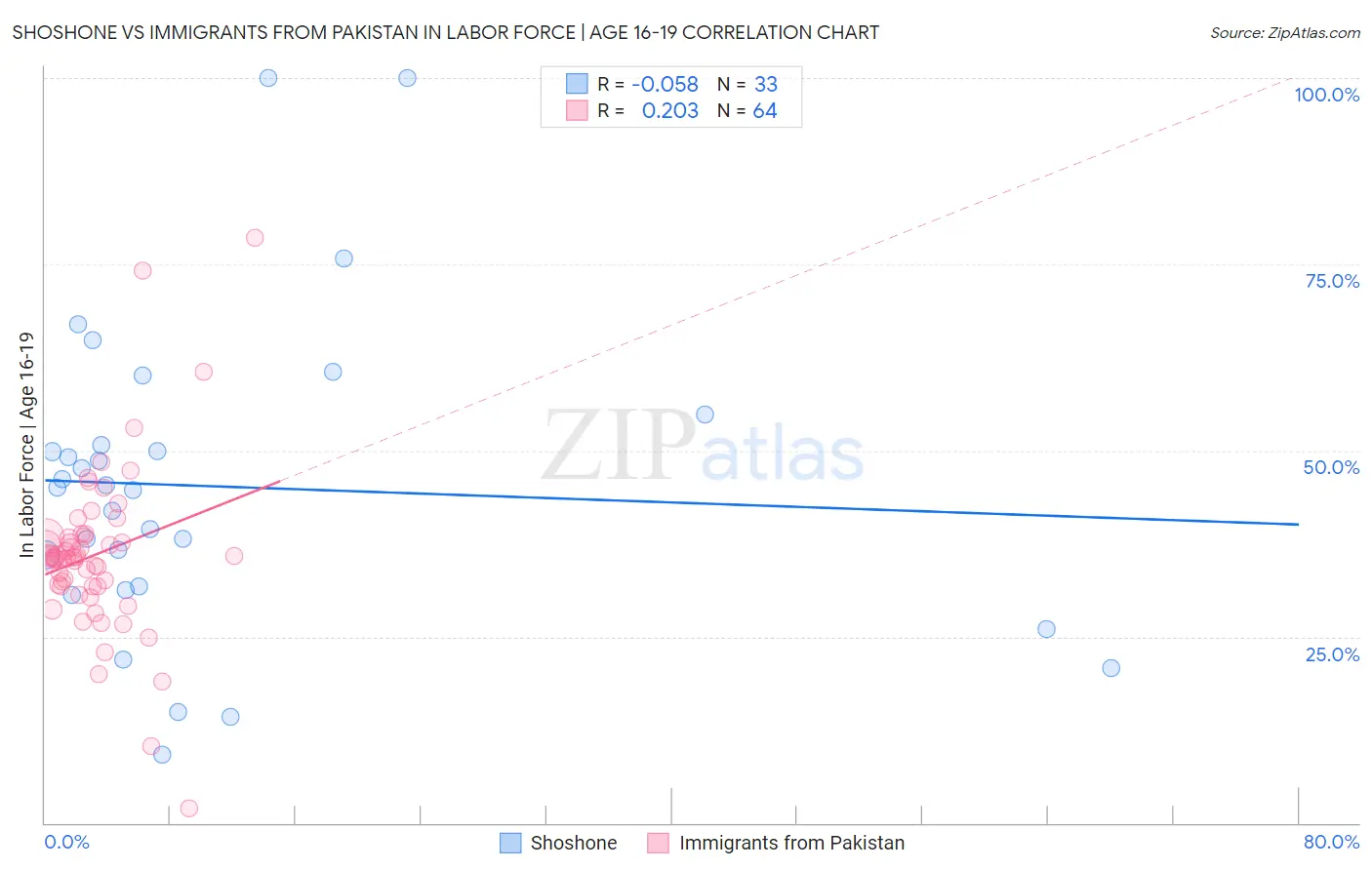 Shoshone vs Immigrants from Pakistan In Labor Force | Age 16-19