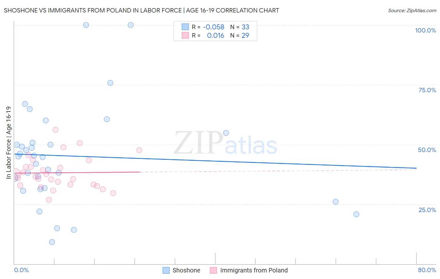 Shoshone vs Immigrants from Poland In Labor Force | Age 16-19