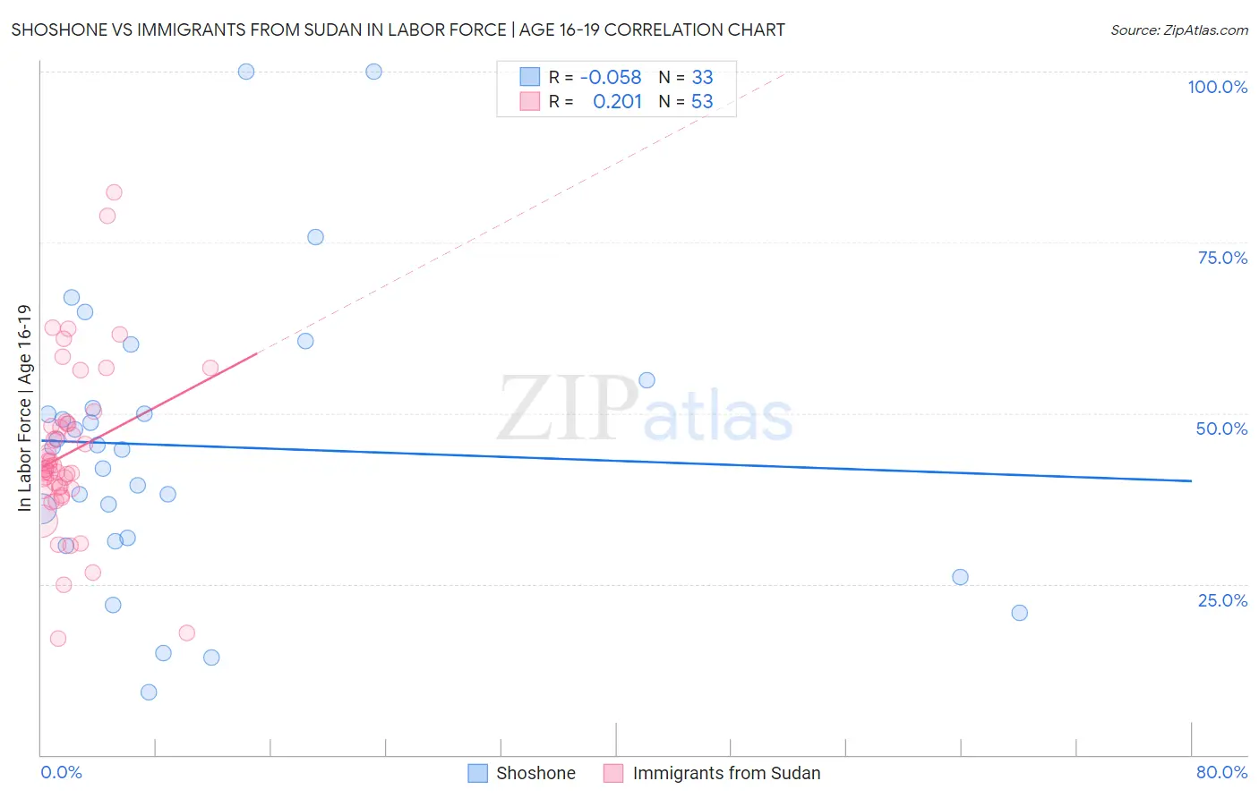 Shoshone vs Immigrants from Sudan In Labor Force | Age 16-19