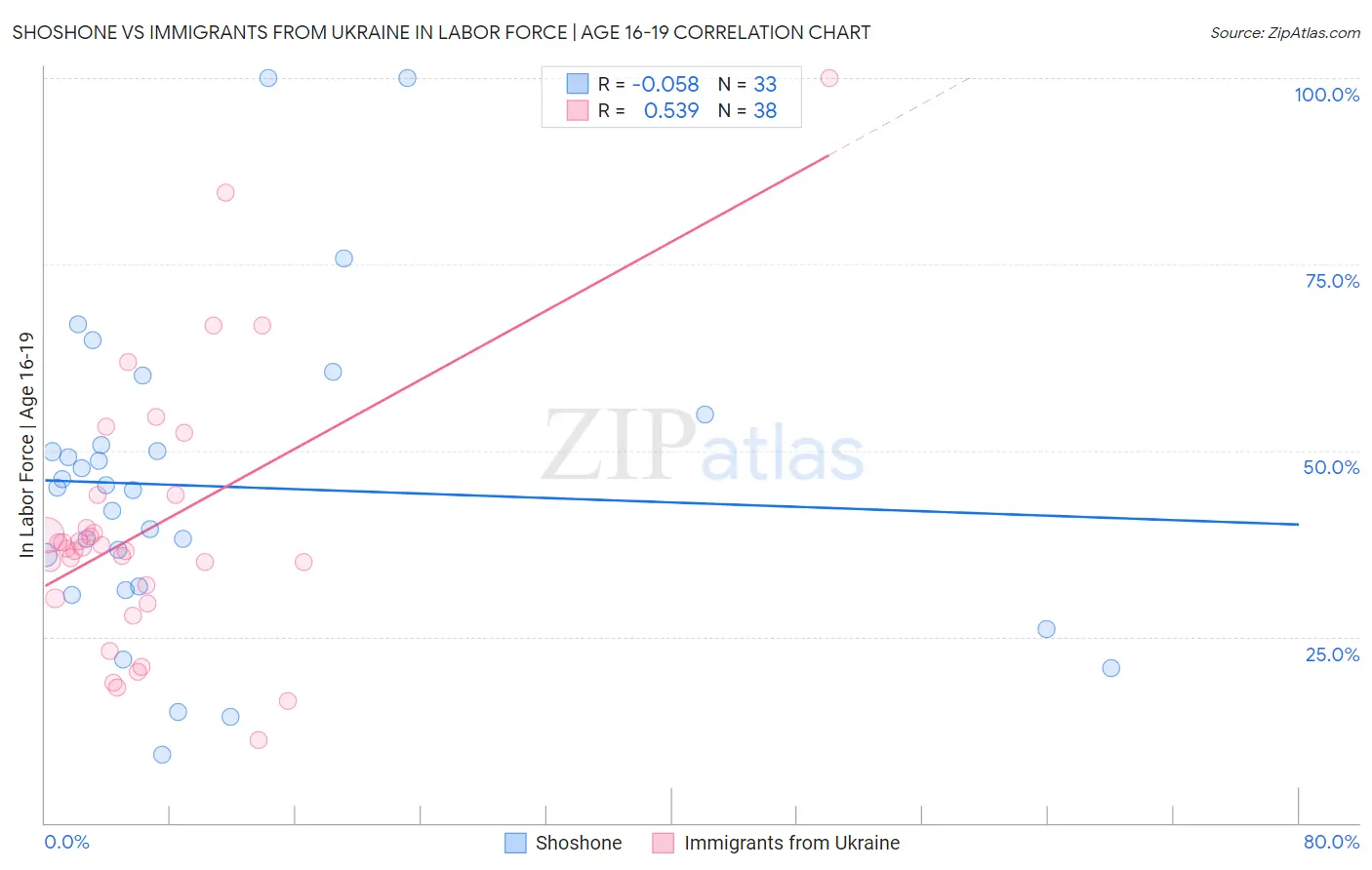 Shoshone vs Immigrants from Ukraine In Labor Force | Age 16-19