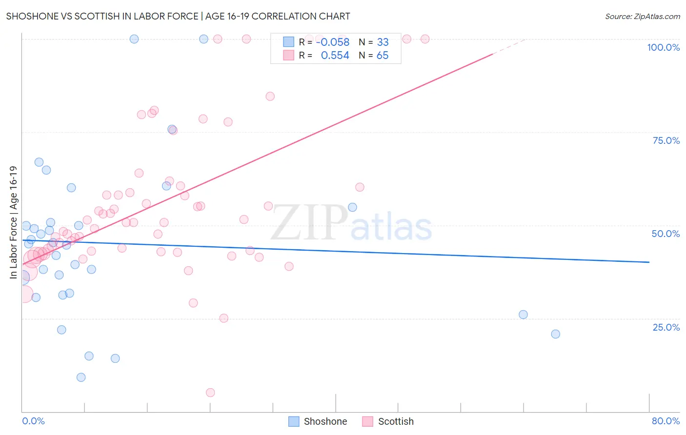 Shoshone vs Scottish In Labor Force | Age 16-19