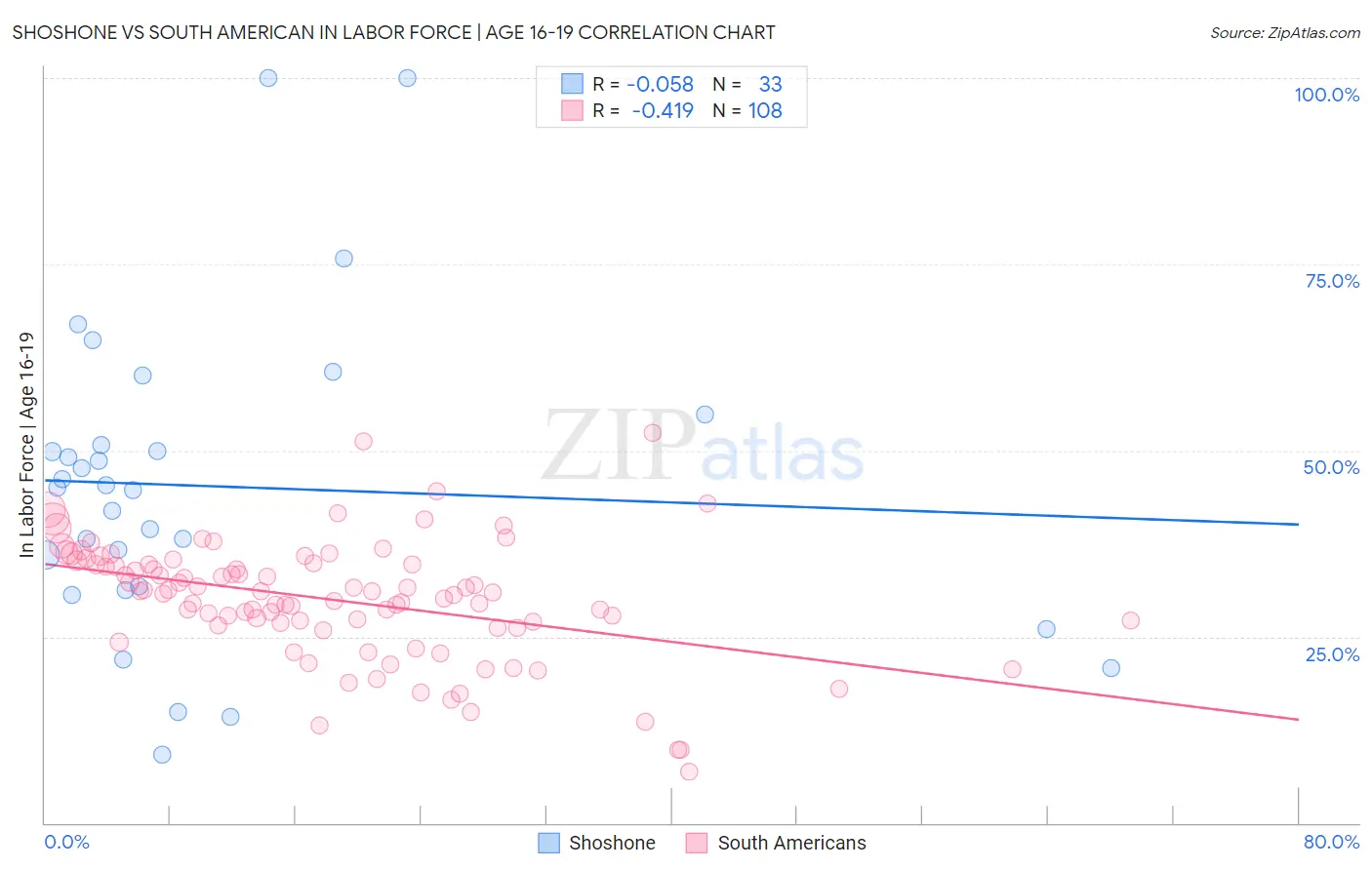 Shoshone vs South American In Labor Force | Age 16-19
