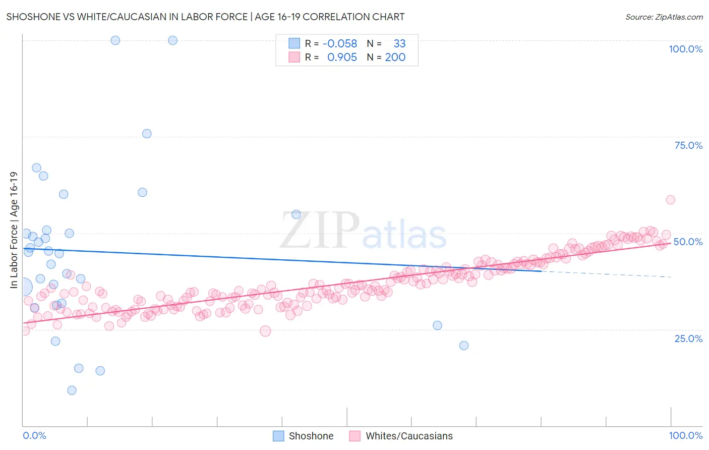 Shoshone vs White/Caucasian In Labor Force | Age 16-19