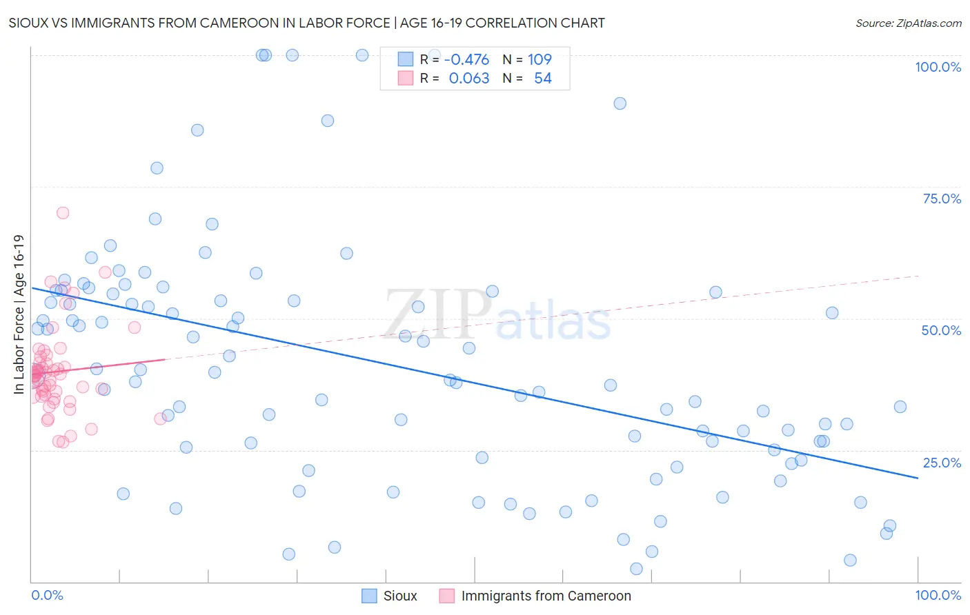 Sioux vs Immigrants from Cameroon In Labor Force | Age 16-19