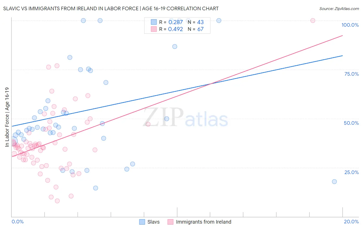 Slavic vs Immigrants from Ireland In Labor Force | Age 16-19