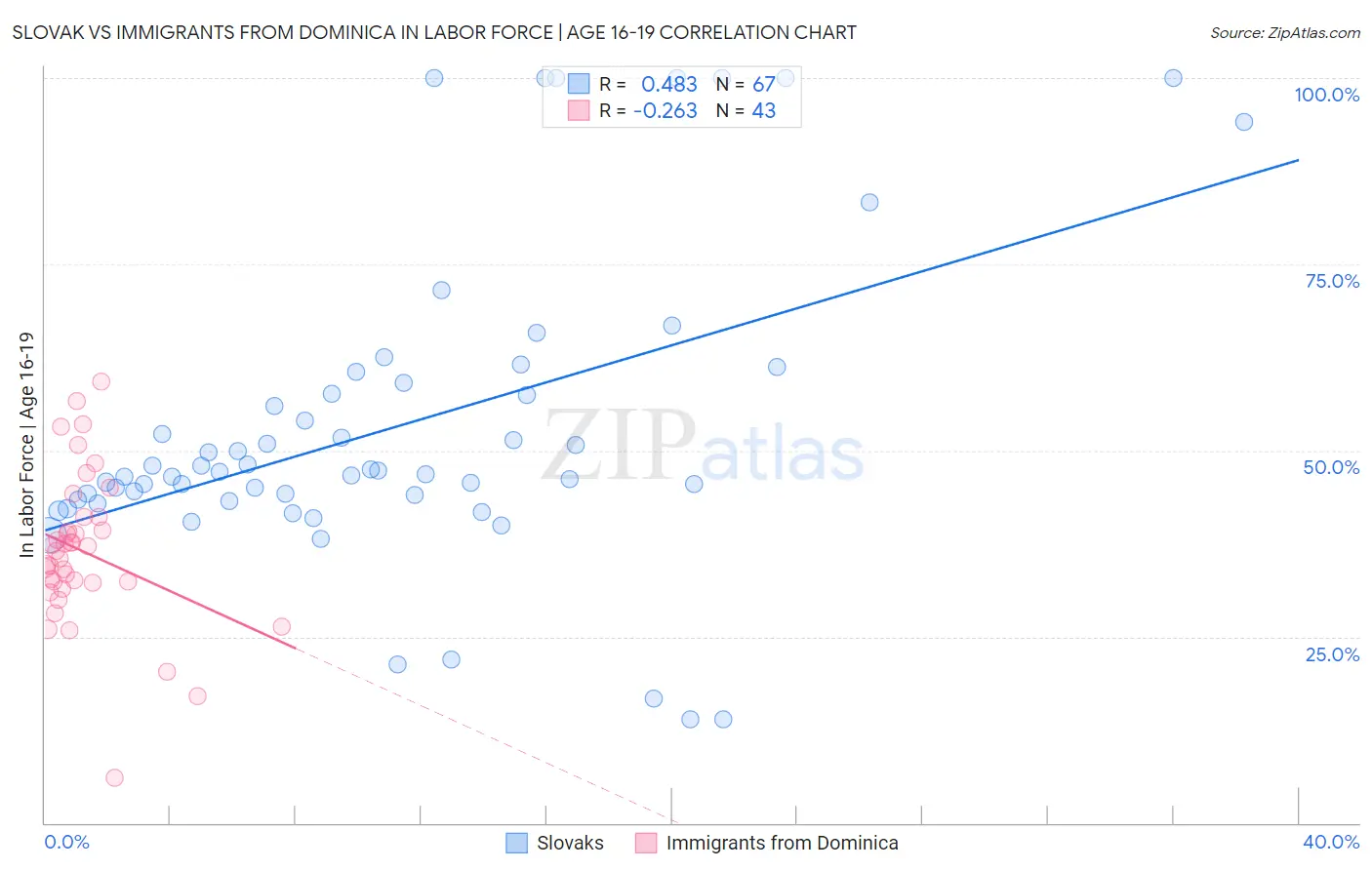 Slovak vs Immigrants from Dominica In Labor Force | Age 16-19