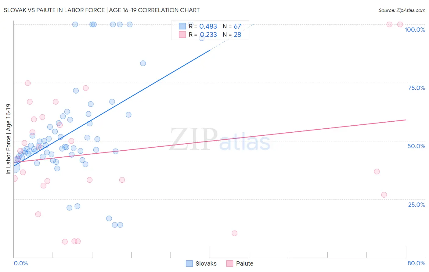 Slovak vs Paiute In Labor Force | Age 16-19