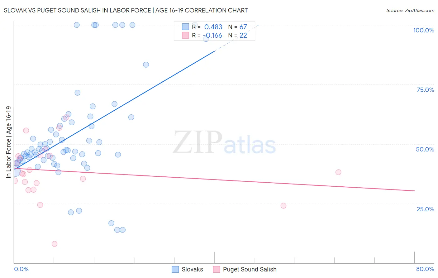 Slovak vs Puget Sound Salish In Labor Force | Age 16-19
