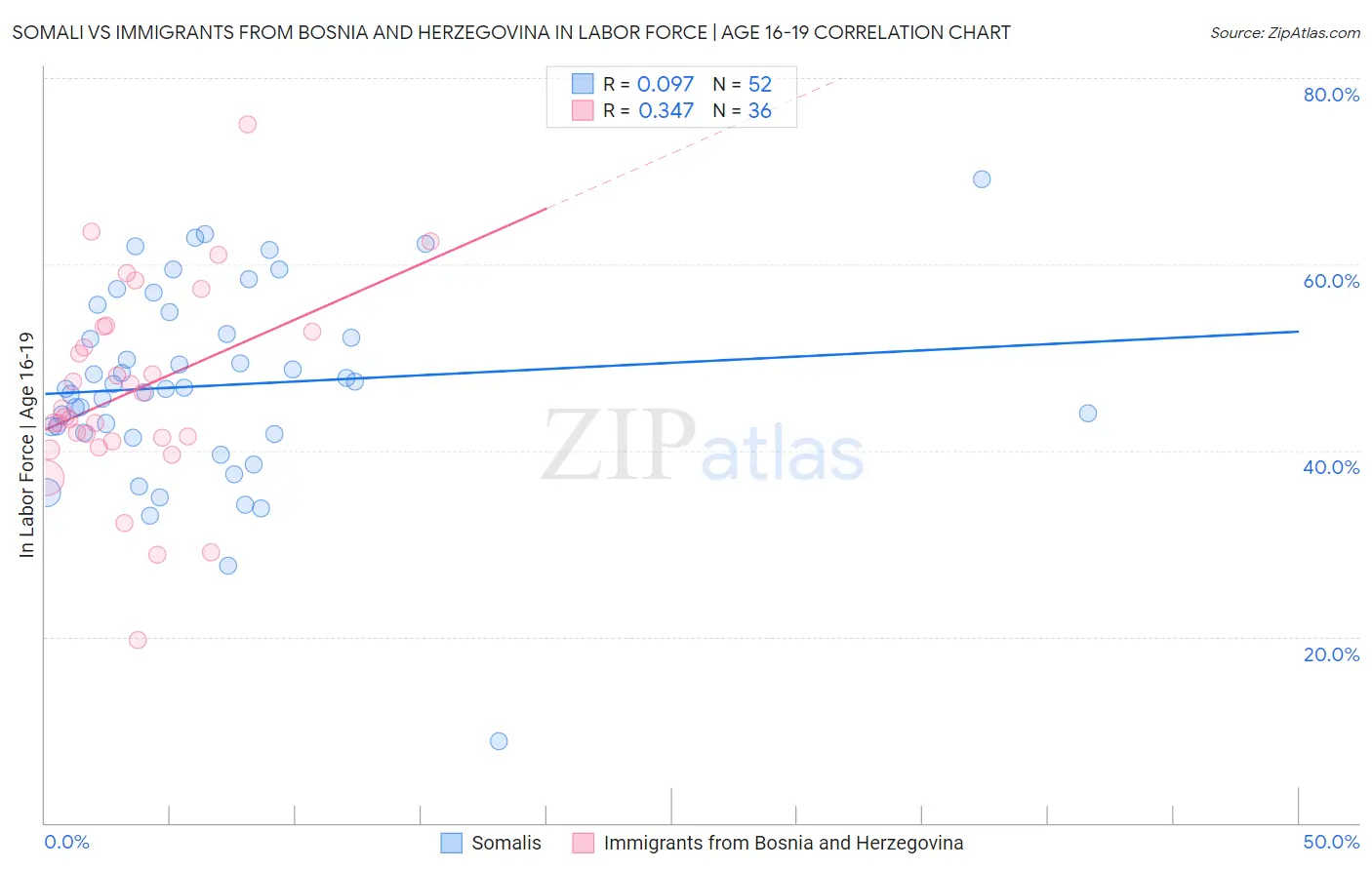 Somali vs Immigrants from Bosnia and Herzegovina In Labor Force | Age 16-19