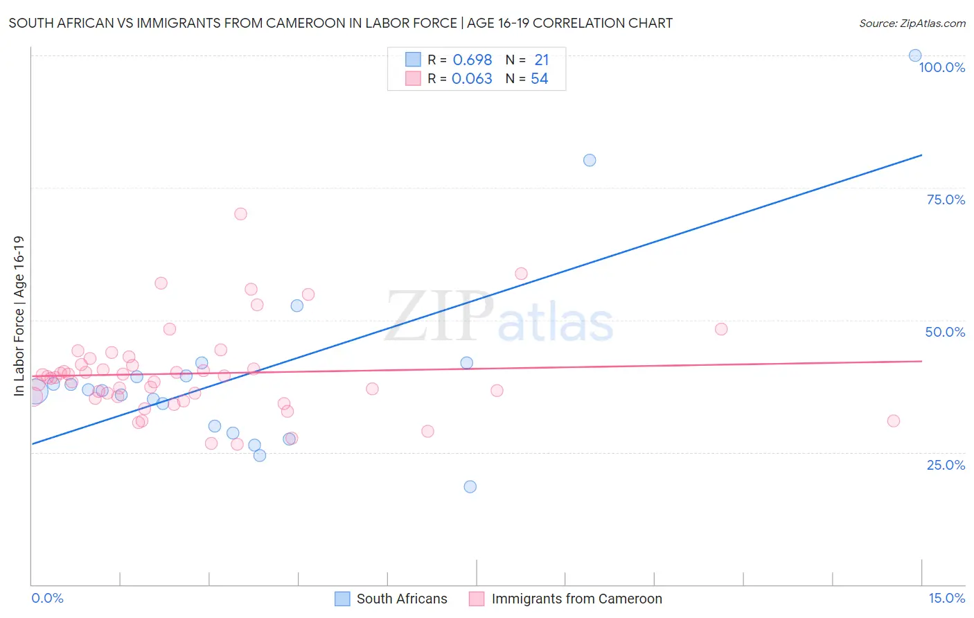 South African vs Immigrants from Cameroon In Labor Force | Age 16-19