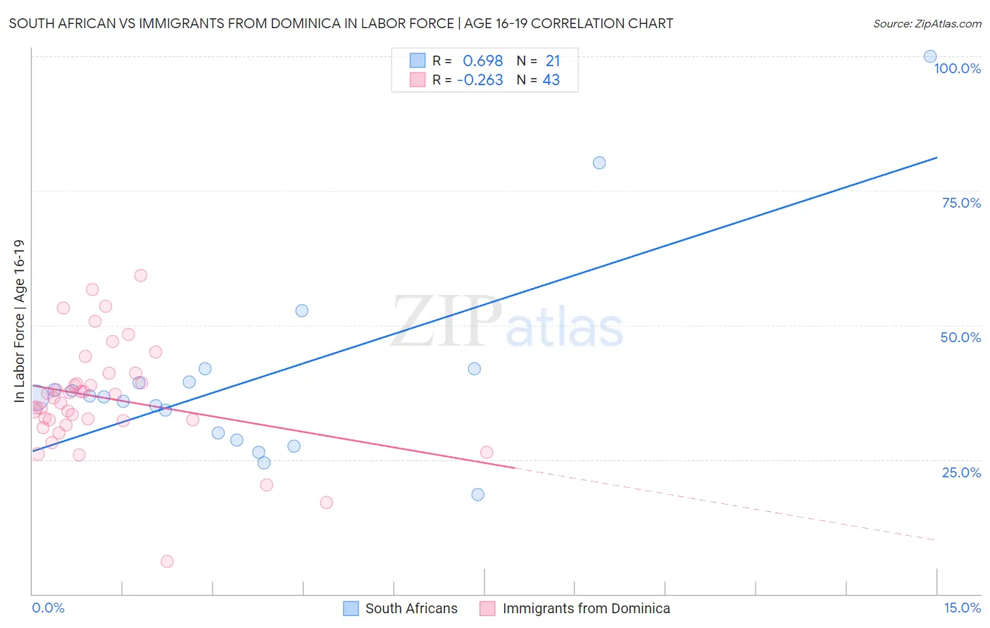 South African vs Immigrants from Dominica In Labor Force | Age 16-19