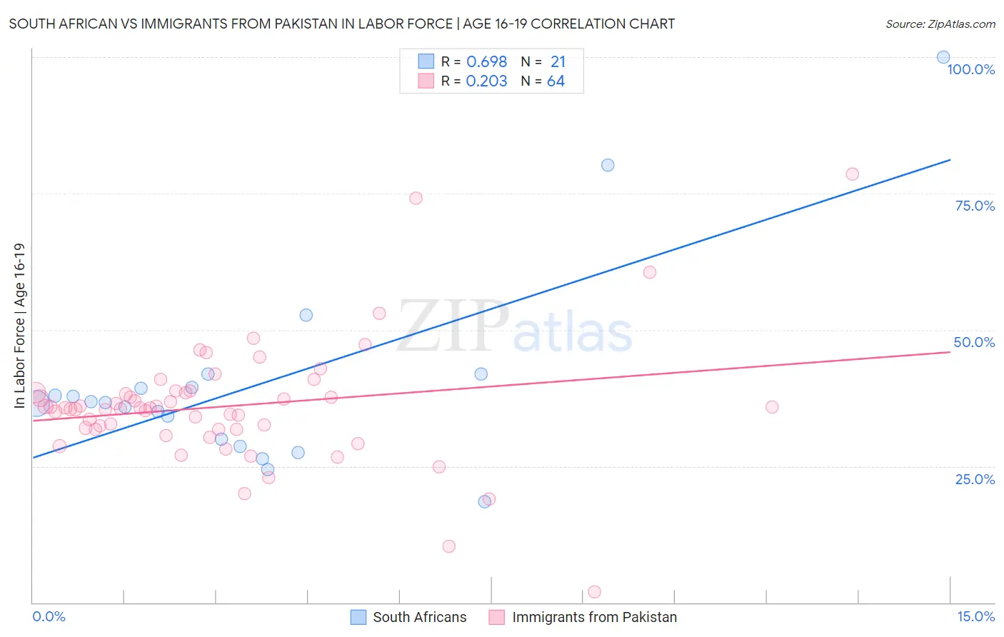 South African vs Immigrants from Pakistan In Labor Force | Age 16-19