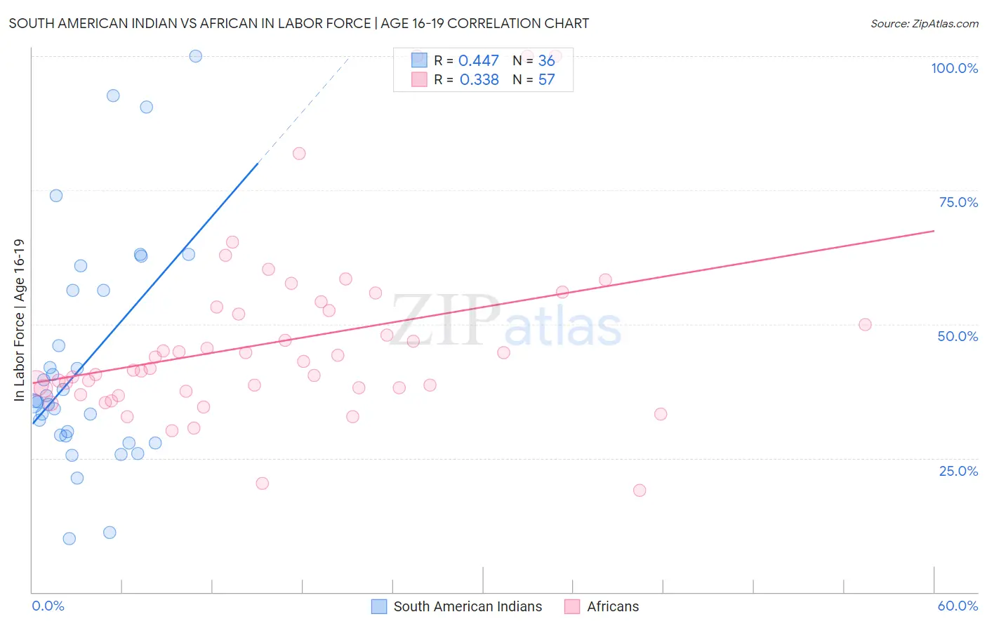South American Indian vs African In Labor Force | Age 16-19