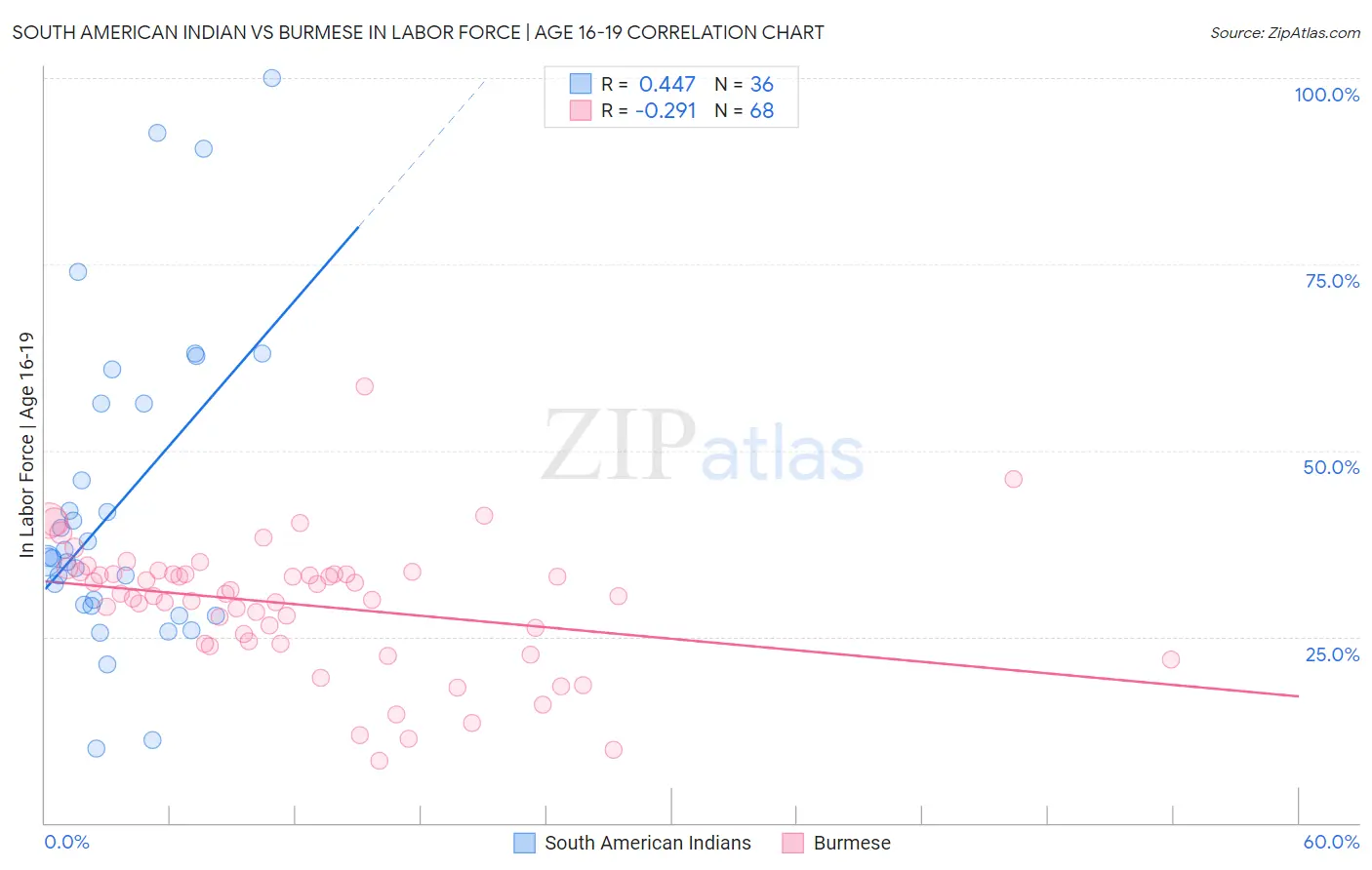 South American Indian vs Burmese In Labor Force | Age 16-19