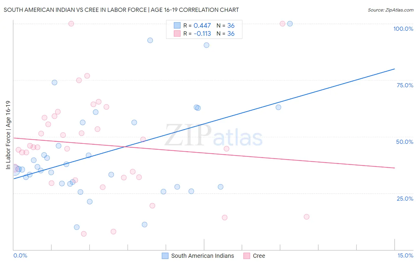South American Indian vs Cree In Labor Force | Age 16-19