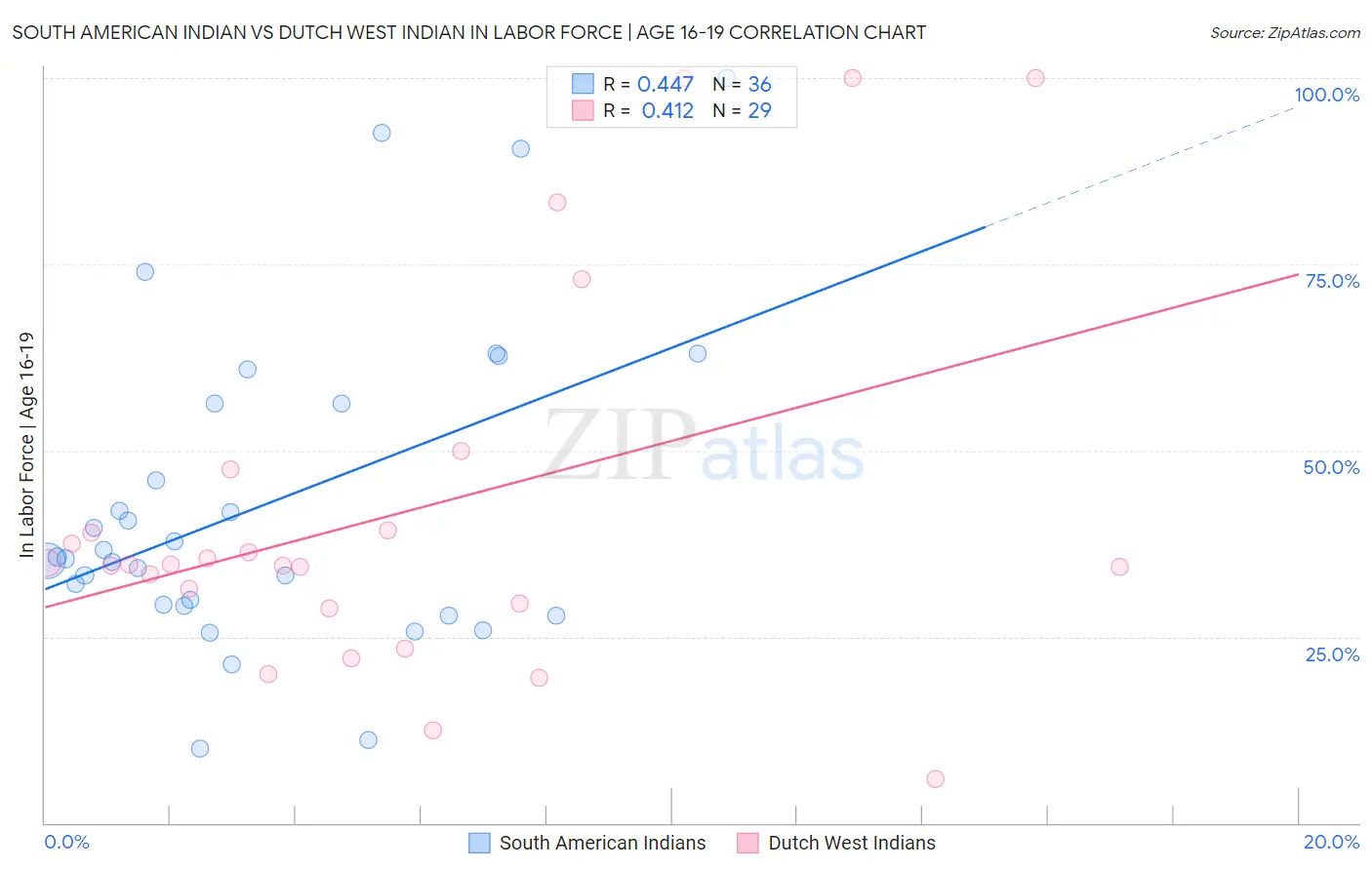 South American Indian vs Dutch West Indian In Labor Force | Age 16-19