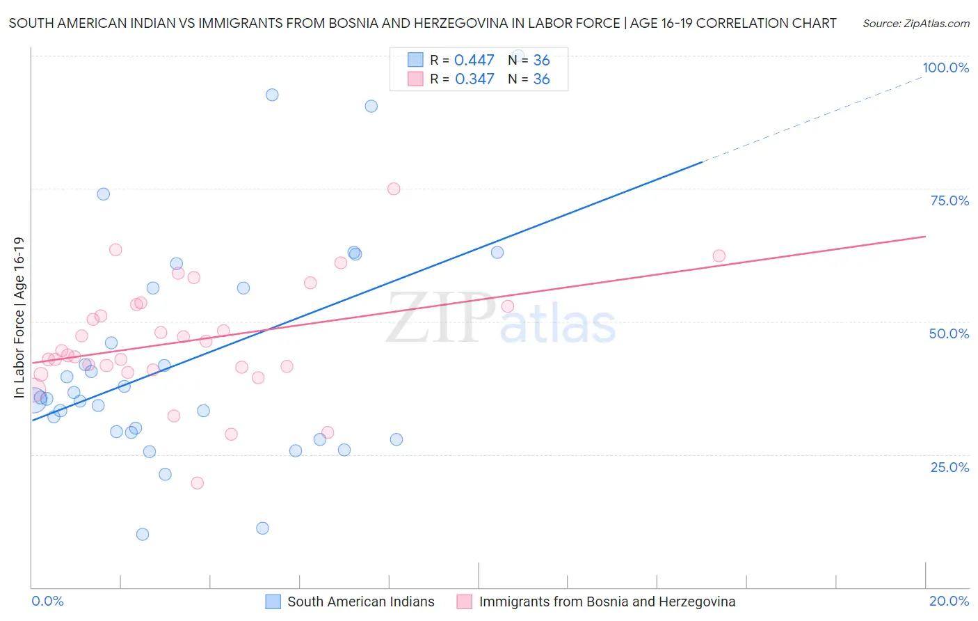 South American Indian vs Immigrants from Bosnia and Herzegovina In Labor Force | Age 16-19