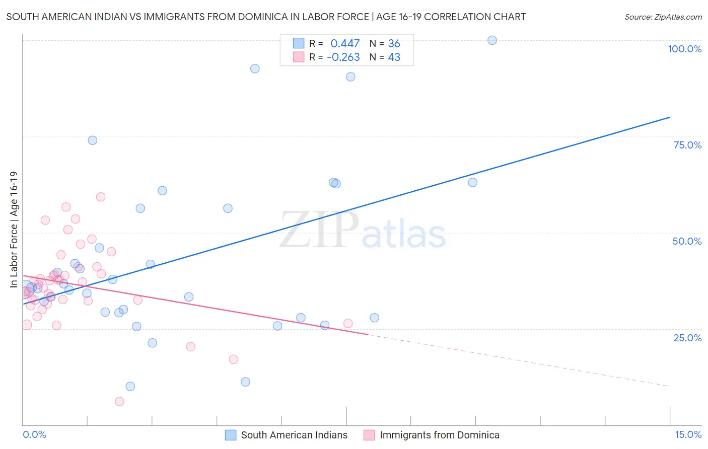 South American Indian vs Immigrants from Dominica In Labor Force | Age 16-19