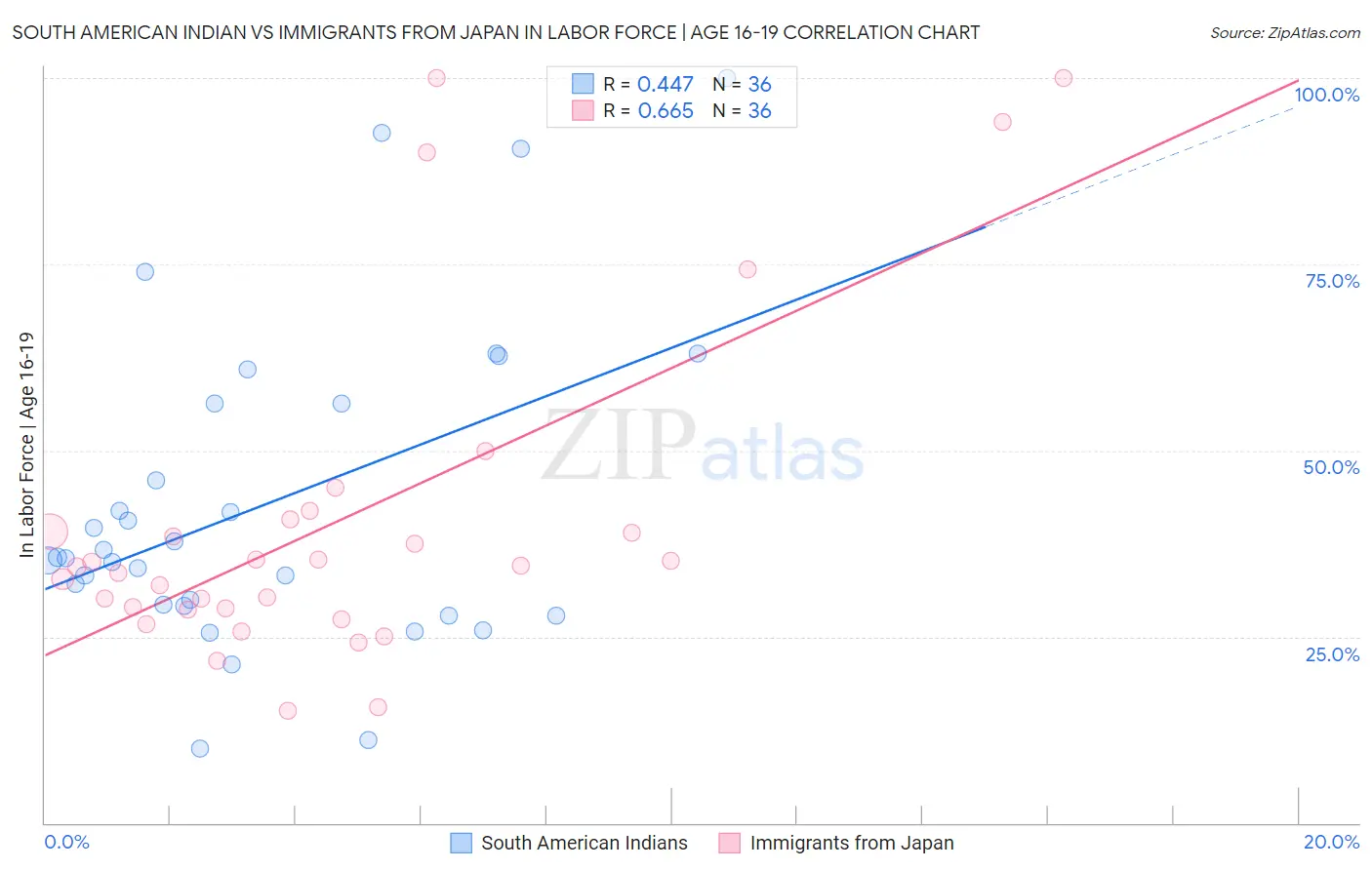 South American Indian vs Immigrants from Japan In Labor Force | Age 16-19