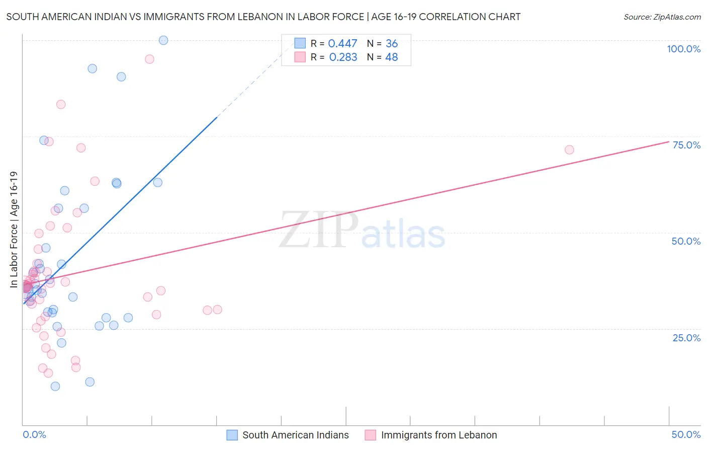 South American Indian vs Immigrants from Lebanon In Labor Force | Age 16-19