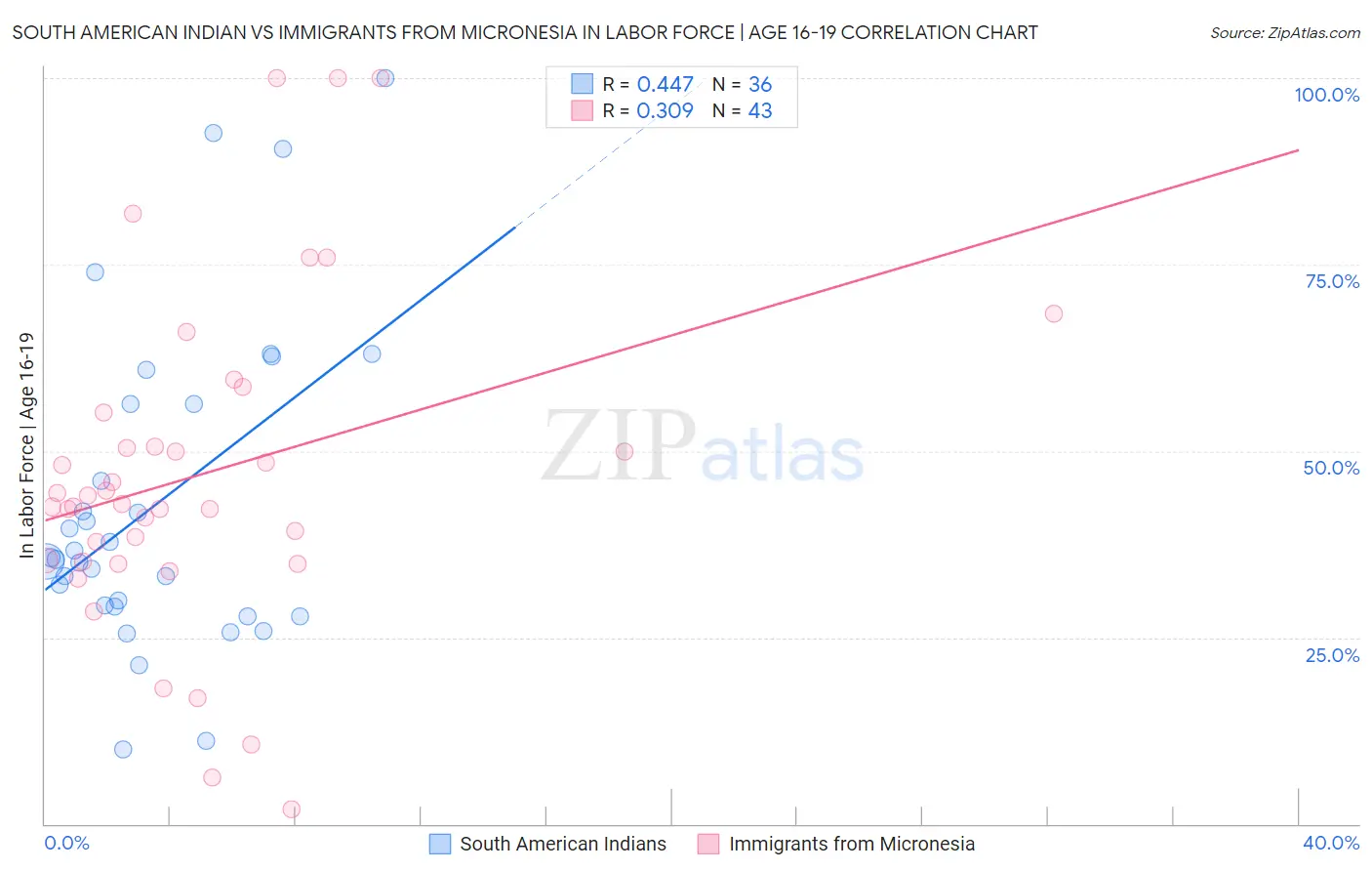 South American Indian vs Immigrants from Micronesia In Labor Force | Age 16-19