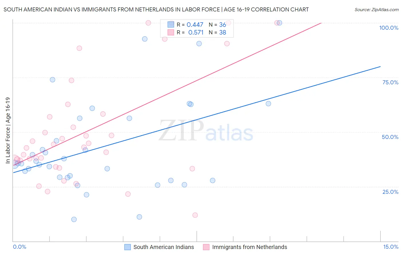 South American Indian vs Immigrants from Netherlands In Labor Force | Age 16-19