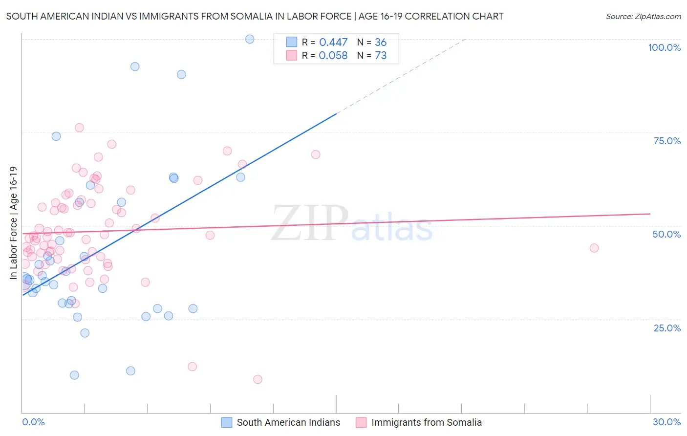 South American Indian vs Immigrants from Somalia In Labor Force | Age 16-19