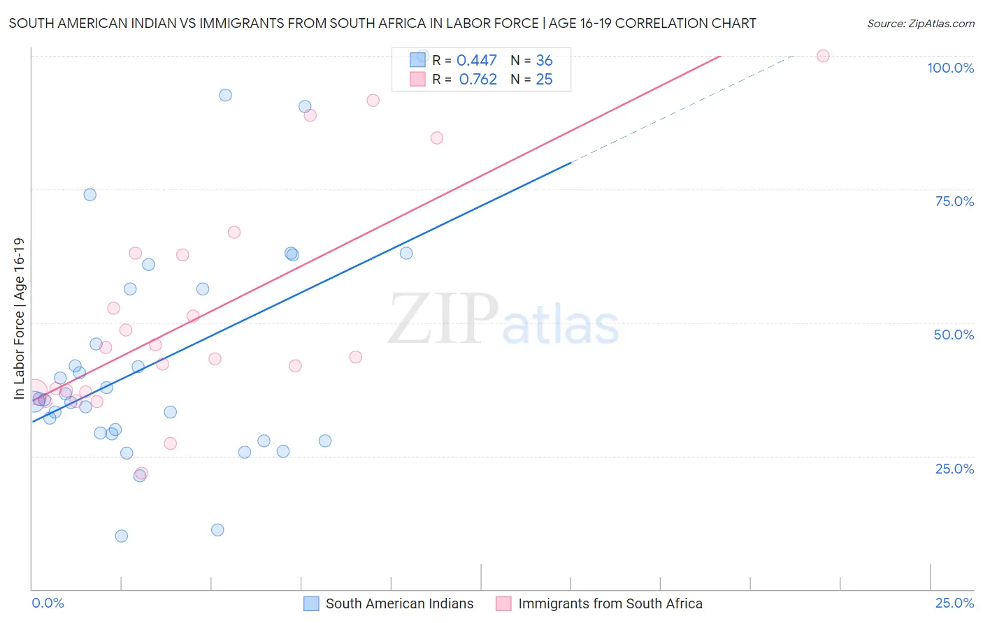 South American Indian vs Immigrants from South Africa In Labor Force | Age 16-19