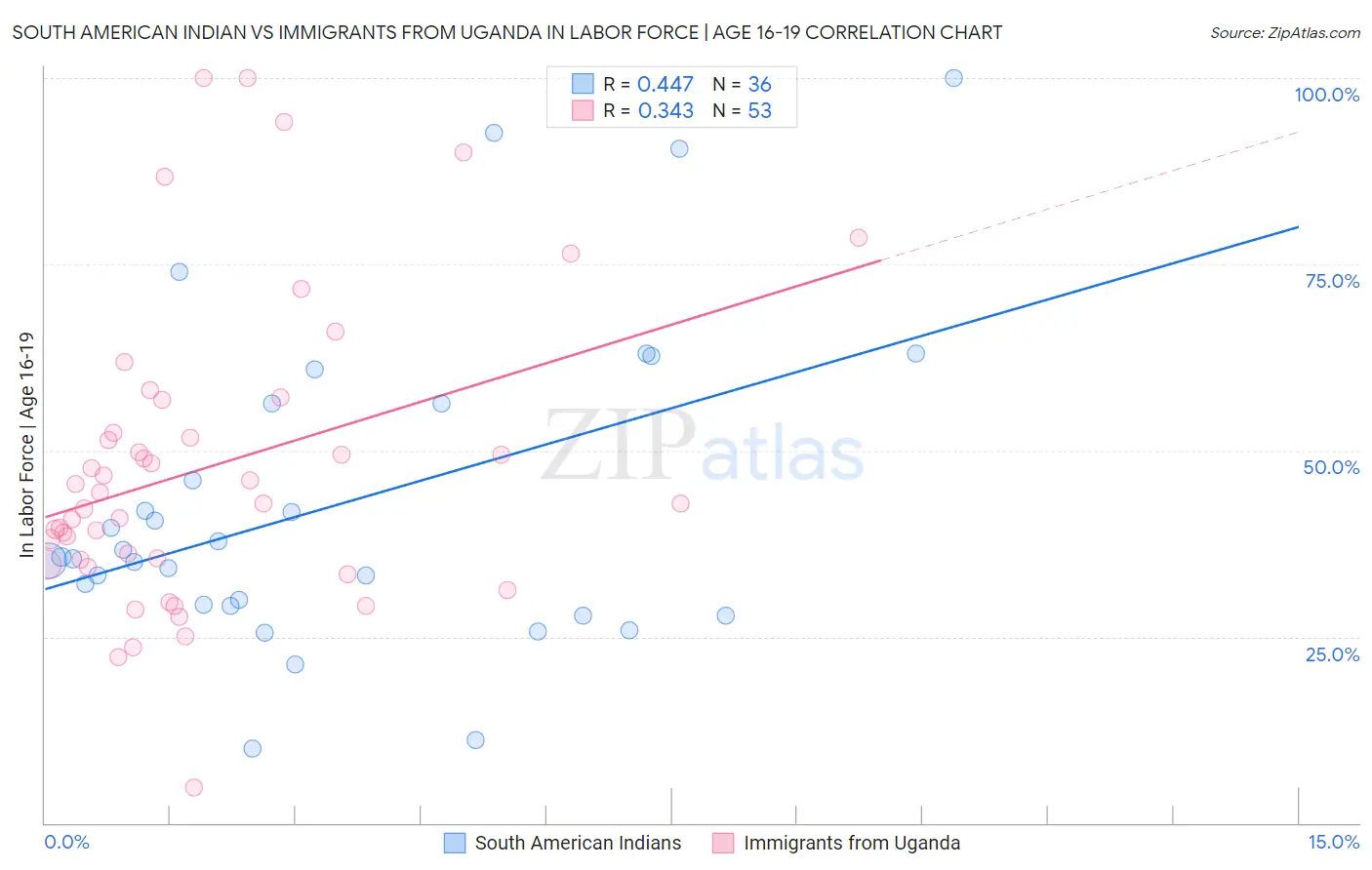 South American Indian vs Immigrants from Uganda In Labor Force | Age 16-19