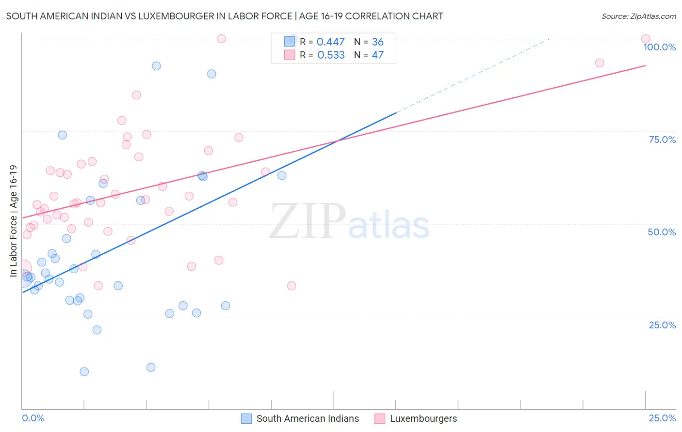 South American Indian vs Luxembourger In Labor Force | Age 16-19