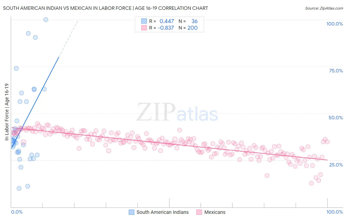 South American Indian vs Mexican In Labor Force | Age 16-19