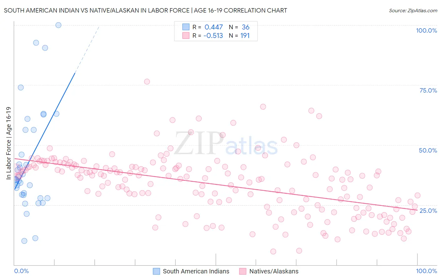 South American Indian vs Native/Alaskan In Labor Force | Age 16-19