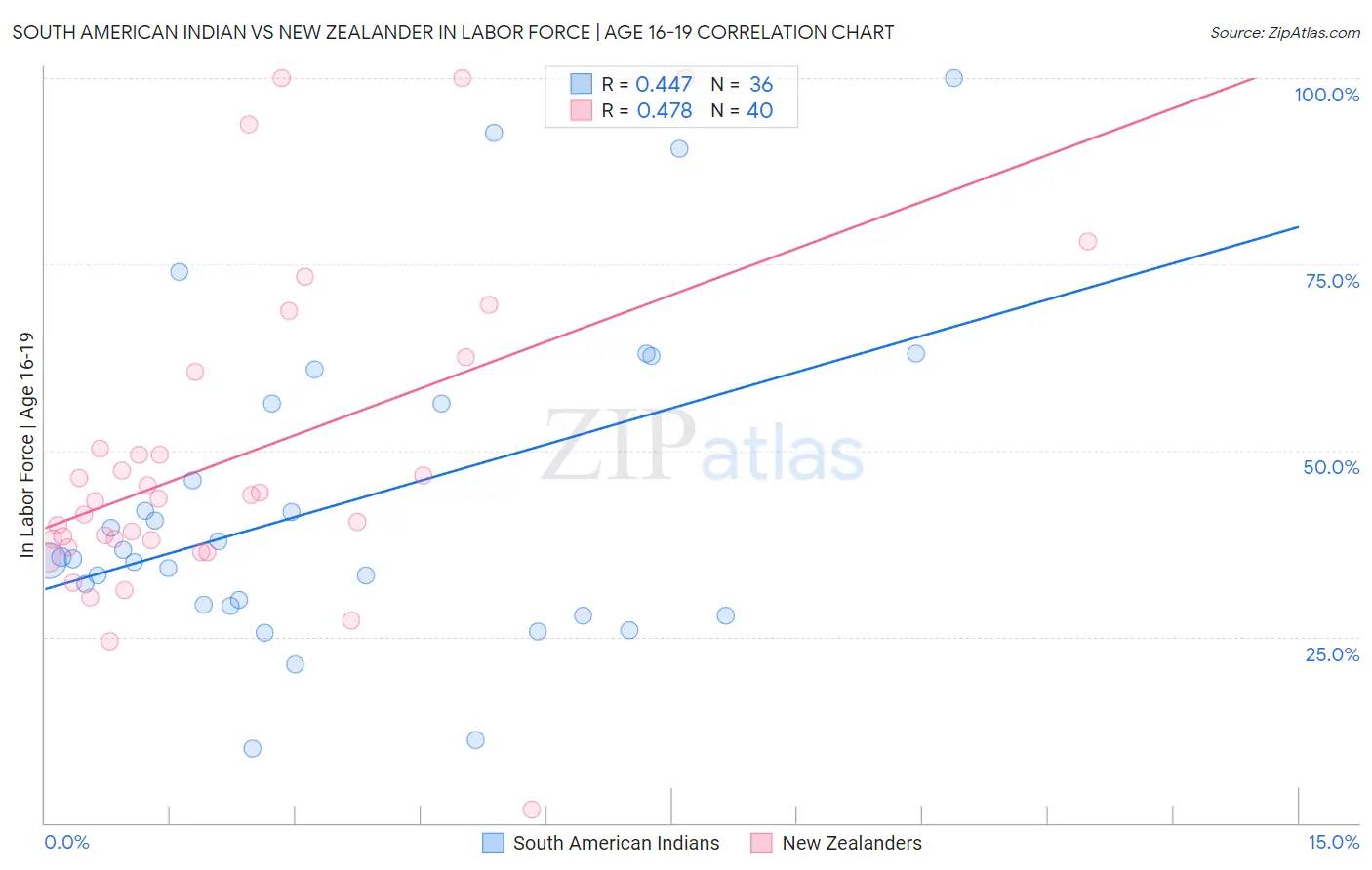 South American Indian vs New Zealander In Labor Force | Age 16-19
