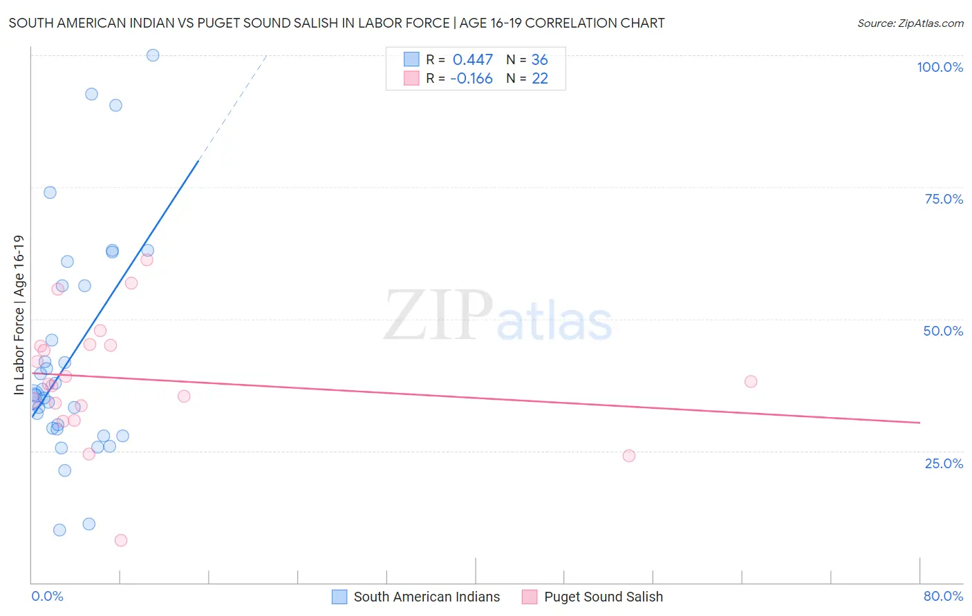 South American Indian vs Puget Sound Salish In Labor Force | Age 16-19