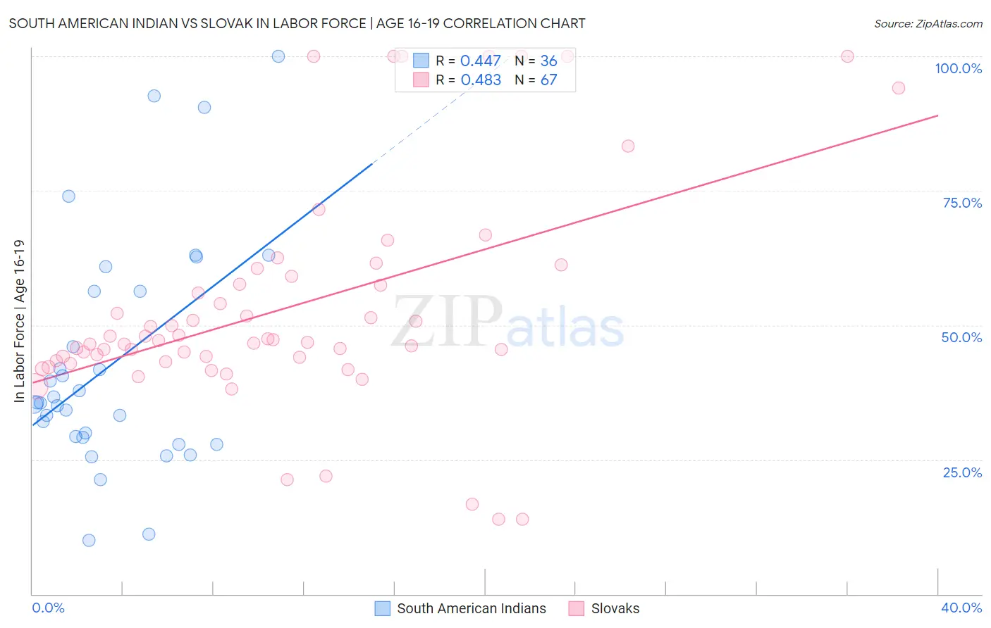 South American Indian vs Slovak In Labor Force | Age 16-19
