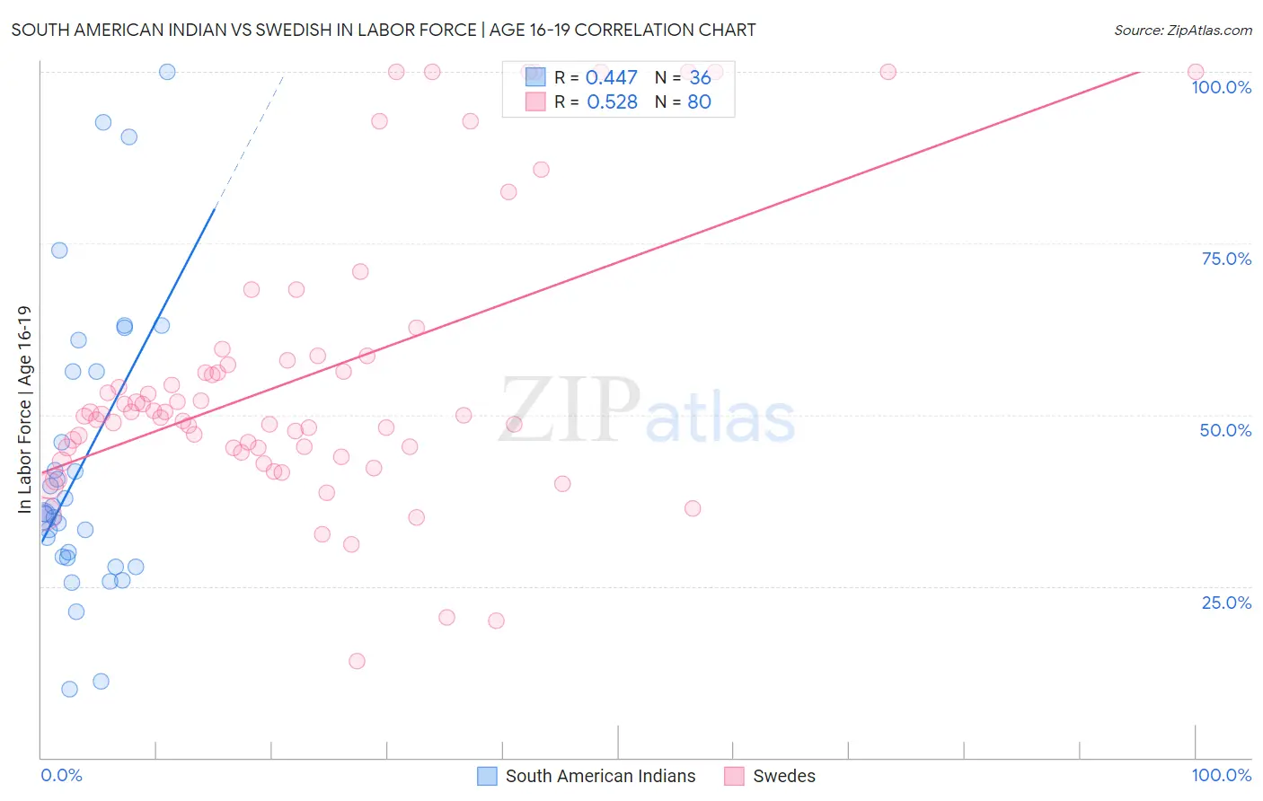 South American Indian vs Swedish In Labor Force | Age 16-19