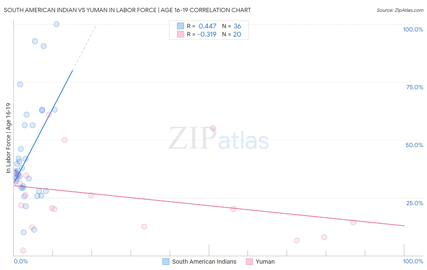 South American Indian vs Yuman In Labor Force | Age 16-19