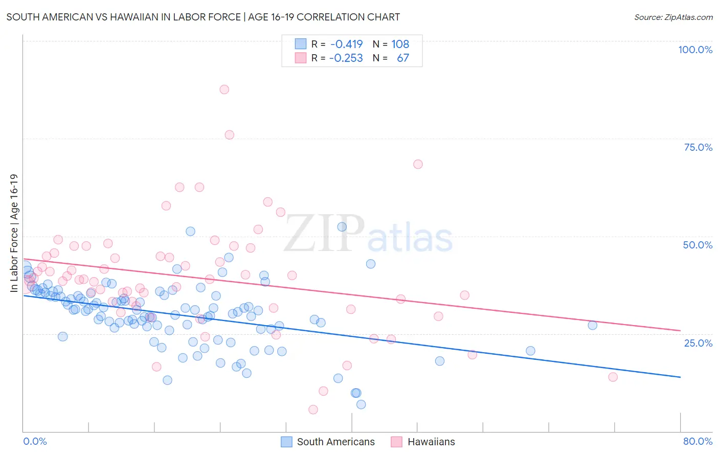 South American vs Hawaiian In Labor Force | Age 16-19