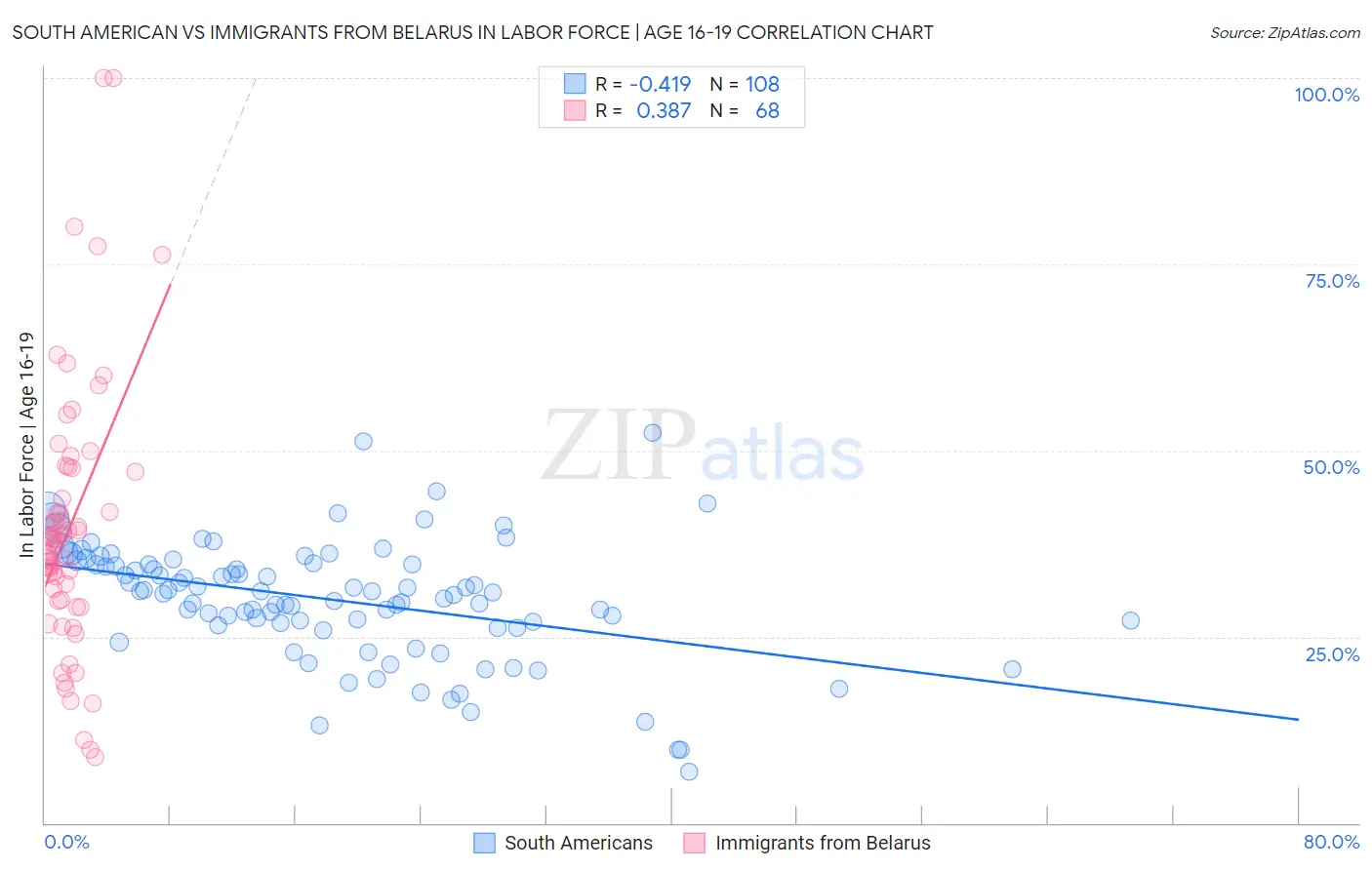 South American vs Immigrants from Belarus In Labor Force | Age 16-19