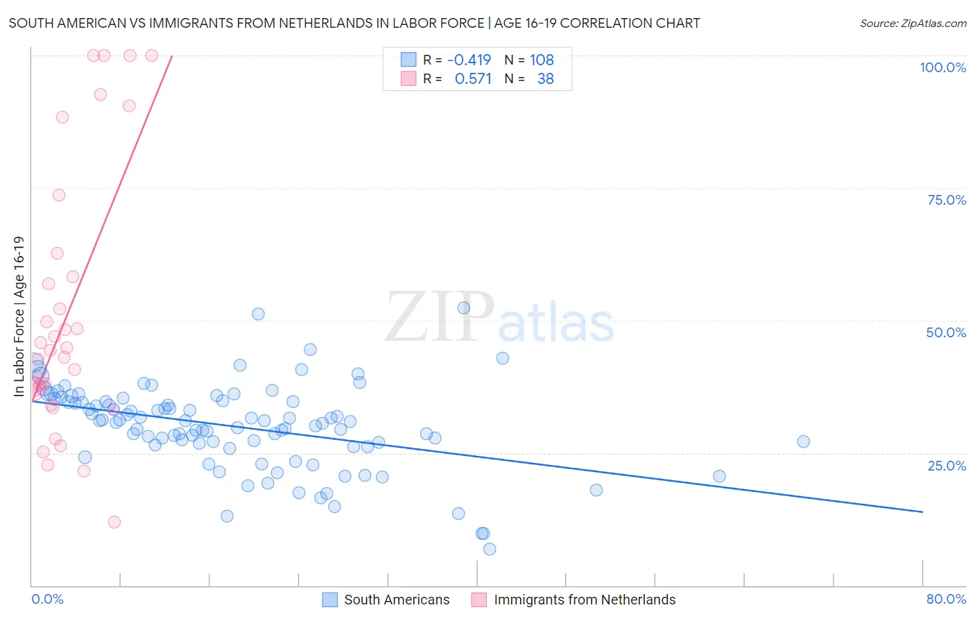 South American vs Immigrants from Netherlands In Labor Force | Age 16-19